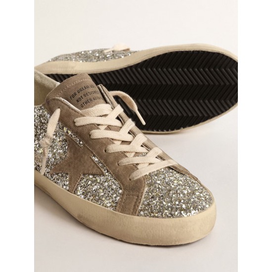 Women's Super-Star in platinum glitter with dove-gray suede star