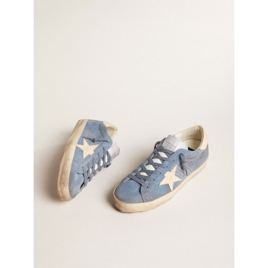 Super-Star in light blue suede with beige leather star and heel tab