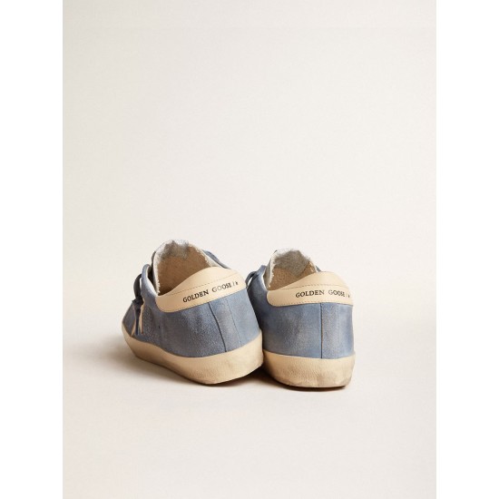 Super-Star in light blue suede with beige leather star and heel tab