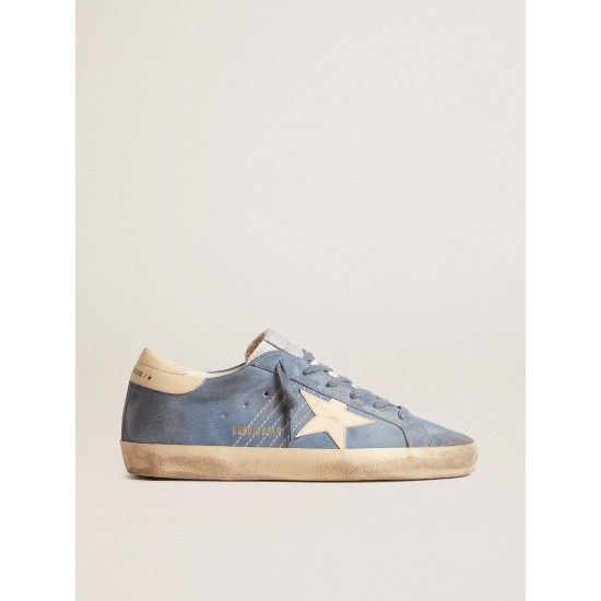 Super-Star in light blue suede with beige leather star and heel tab