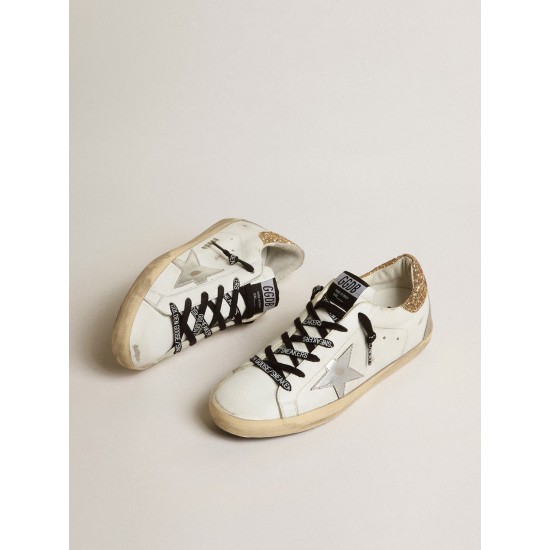 Women's white leather Super-Star sneakers with glittery heel tab