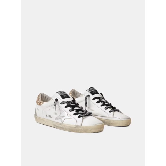 Women's white leather Super-Star sneakers with glittery heel tab