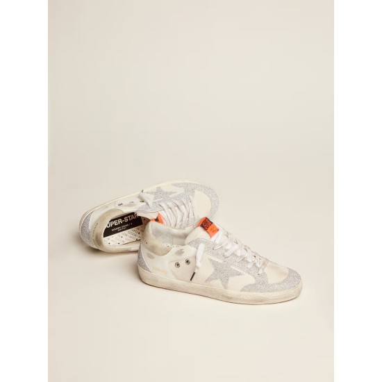 Super-Star LTD in white leather and mesh with star and inserts in Swarovski micro-crystals