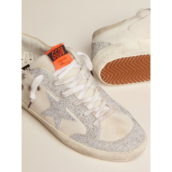 Super-Star LTD in white leather and mesh with star and inserts in Swarovski micro-crystals