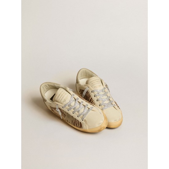 Women's Super-Star LTD in leather and pony skin with dove-gray suede star and heel tab
