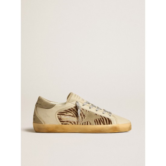 Women's Super-Star LTD in leather and pony skin with dove-gray suede star and heel tab