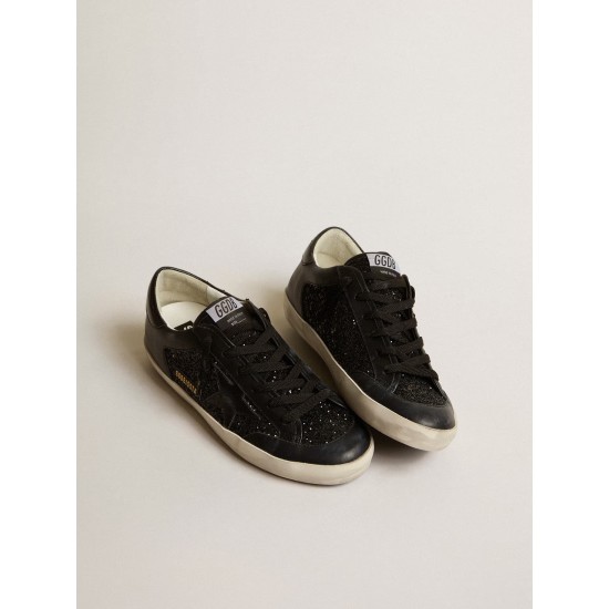 Women's Super-Star in black nappa and glitter with glossy black leather star