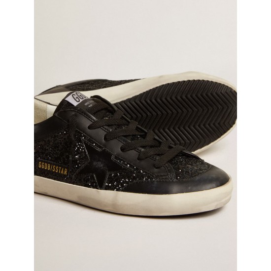 Women's Super-Star in black nappa and glitter with glossy black leather star