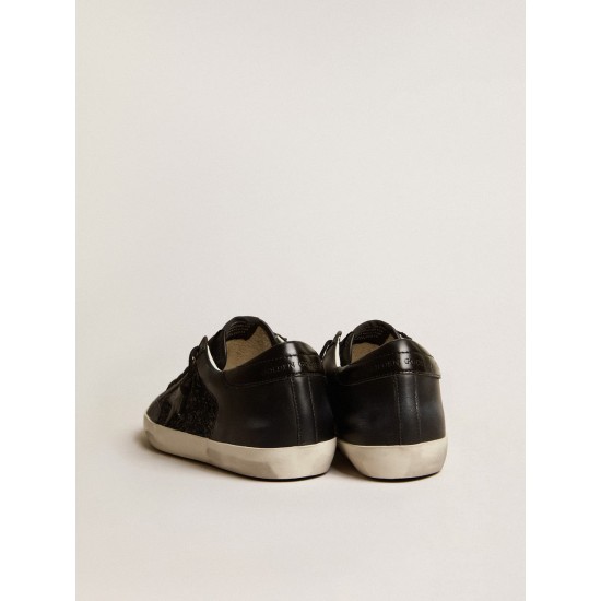 Women's Super-Star in black nappa and glitter with glossy black leather star