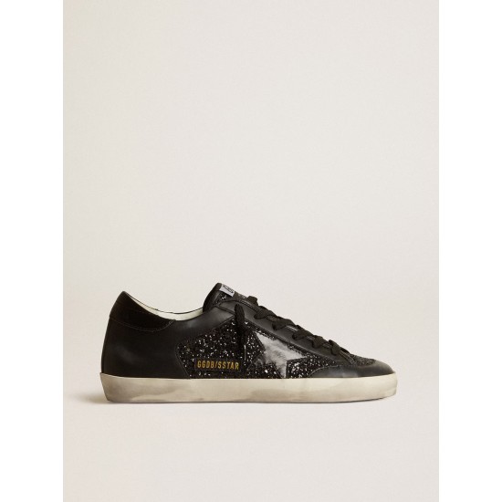 Women's Super-Star in black nappa and glitter with glossy black leather star