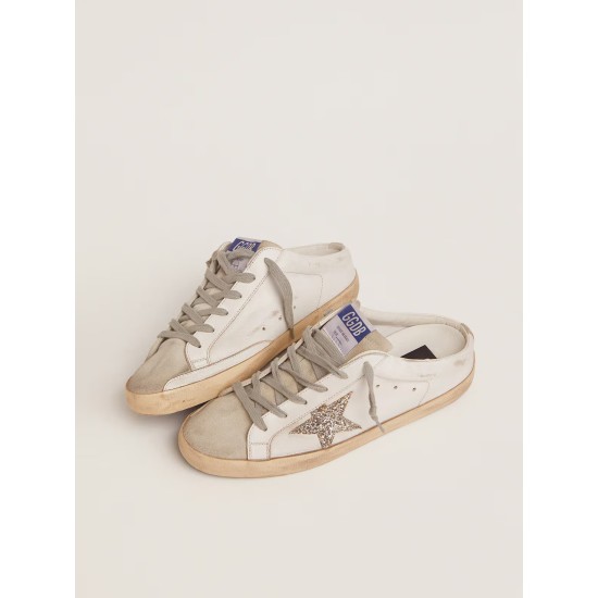 Super-Star Sabots in white leather and gray suede with silver glitter star