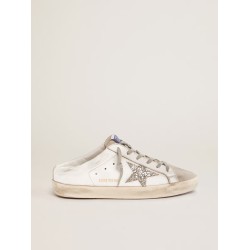 Super-Star Sabots in white leather and gray suede with silver glitter star
