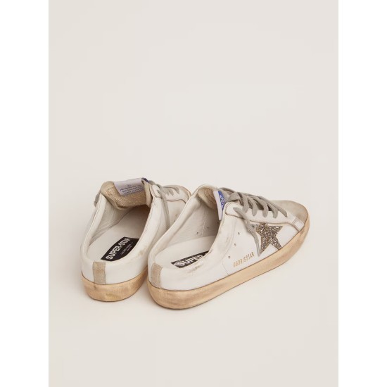 Super-Star Sabots in white leather and gray suede with silver glitter star