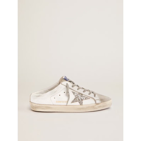 Super-Star Sabots in white leather and gray suede with silver glitter star