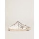 Super-Star Sabots in white leather and gray suede with silver glitter star