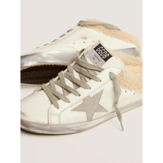 Super-Star Sabots in white leather with shearling lining
