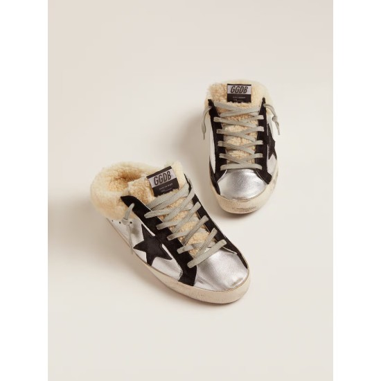 Women's Super-Star Sabot in silver laminated leather with black star