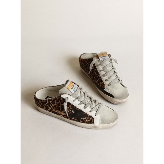 Women's Super-Star Sabot in leopard print pony skin with black star