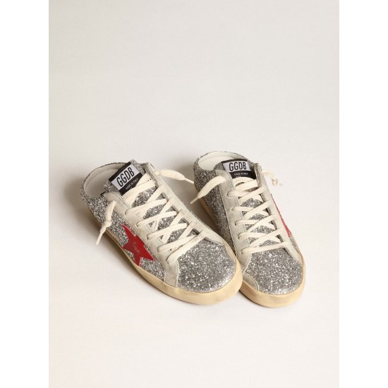 Women's Super-Star Sabot in silver glitter with red leather star