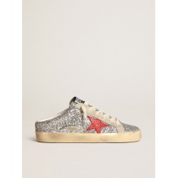 Women's Super-Star Sabot in silver glitter with red leather star