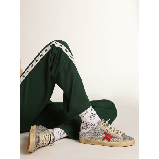 Women's Super-Star Sabot in silver glitter with red leather star