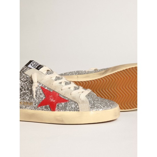 Women's Super-Star Sabot in silver glitter with red leather star