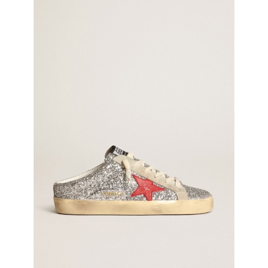 Women's Super-Star Sabot in silver glitter with red leather star