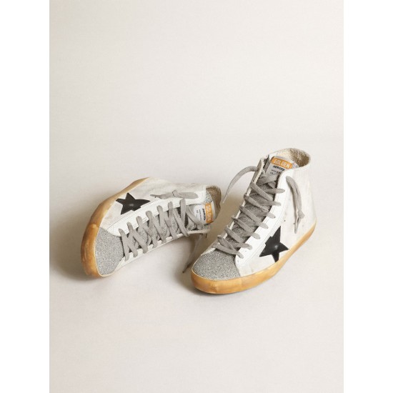 Women’s Francy in white suede with black leather star and silver Swarovski crystal tongue