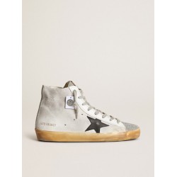 Women’s Francy in white suede with black leather star and silver Swarovski crystal tongue