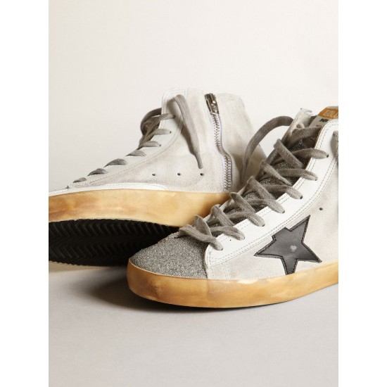 Women’s Francy in white suede with black leather star and silver Swarovski crystal tongue