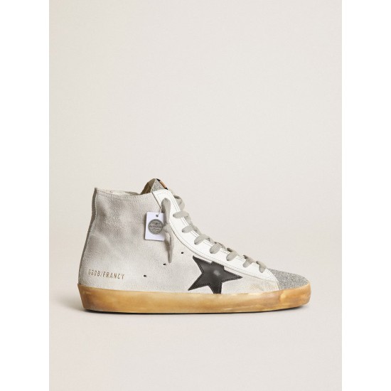 Women’s Francy in white suede with black leather star and silver Swarovski crystal tongue