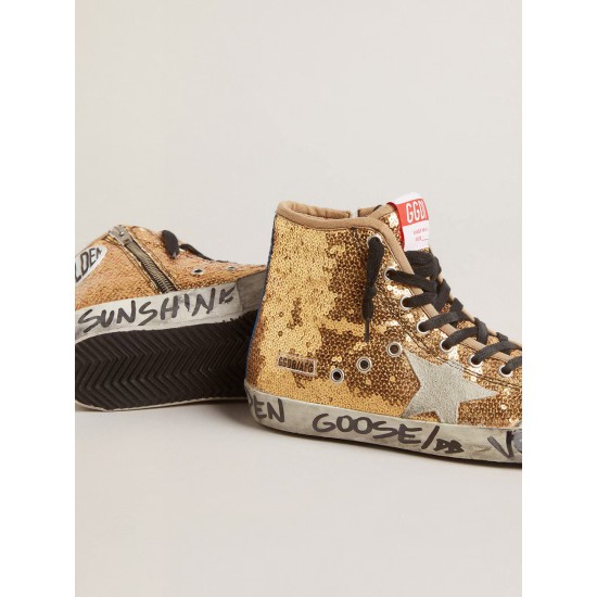 Francy Penstar in gold glitter with suede star and bright blue heel tab