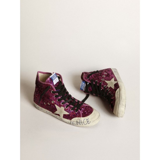 Francy sneakers with sequins and handwritten lettering on the outsole