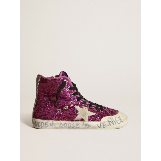 Francy sneakers with sequins and handwritten lettering on the outsole
