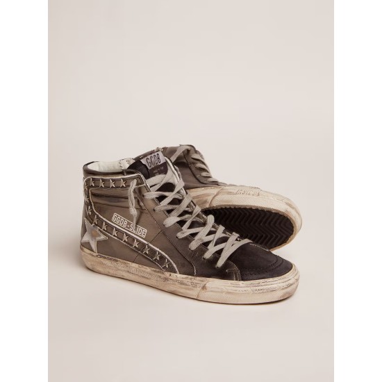 Women's Slide with silver laminated leather upper and studs