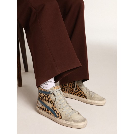 Women's Slide in leopard print pony skin with silver leather star