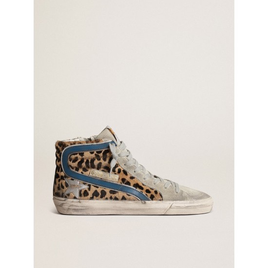Women's Slide in leopard print pony skin with silver leather star