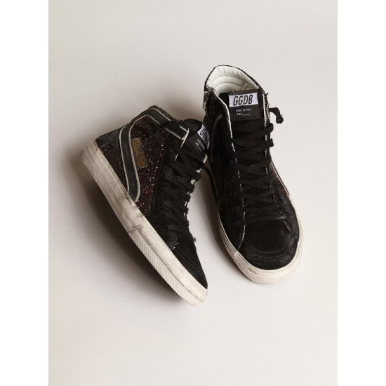 Slide in brown glitter with black leather star and flash