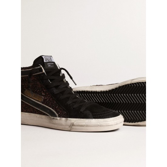 Slide in brown glitter with black leather star and flash