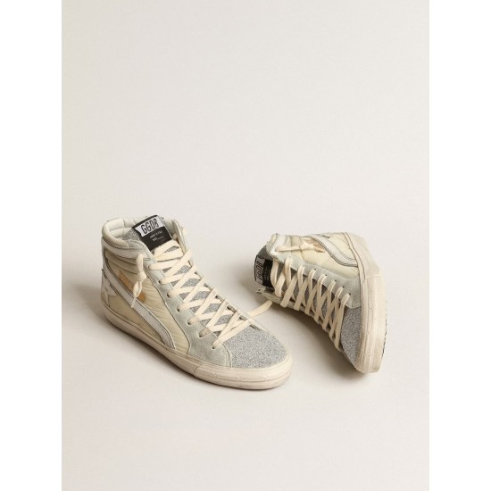 Slide in ivory nylon with white leather star and silver Swarovski crystal tongue