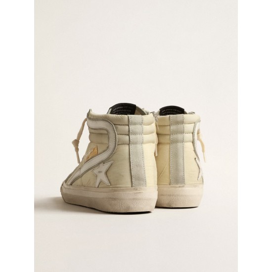 Slide in ivory nylon with white leather star and silver Swarovski crystal tongue