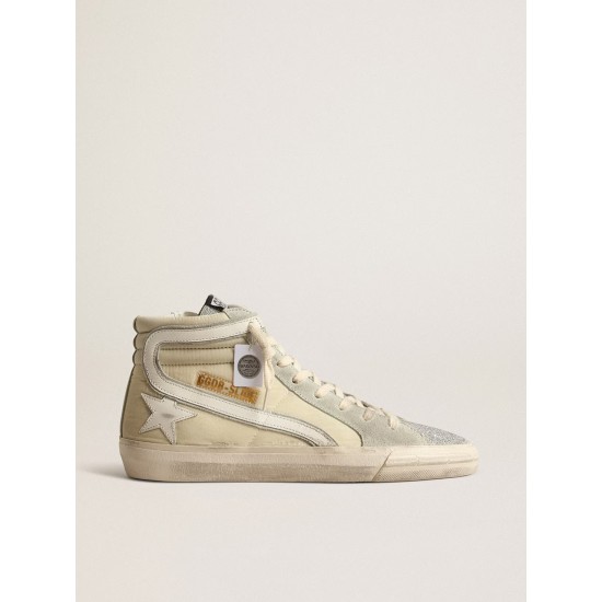 Slide in ivory nylon with white leather star and silver Swarovski crystal tongue