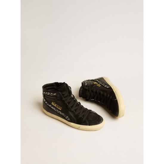 Slide in leather with black star and Swarovski crystal flash