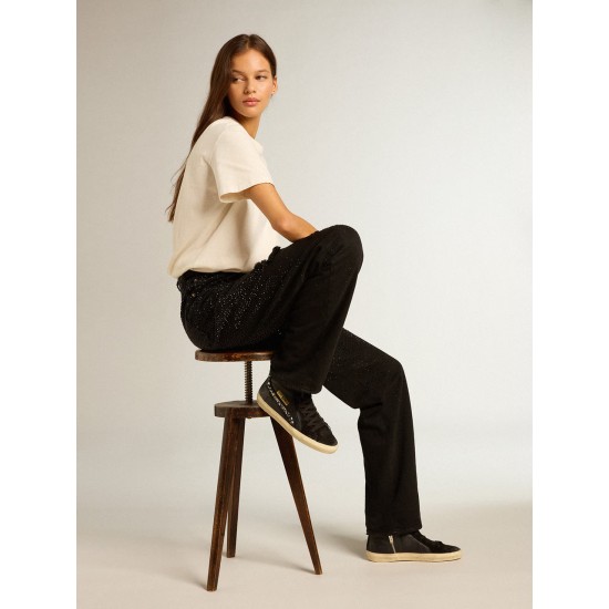 Slide in leather with black star and Swarovski crystal flash