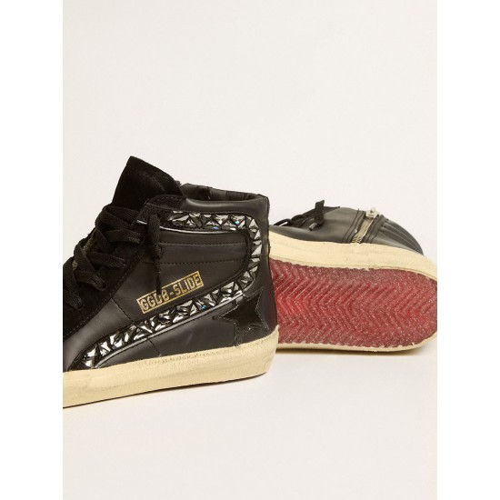 Slide in leather with black star and Swarovski crystal flash