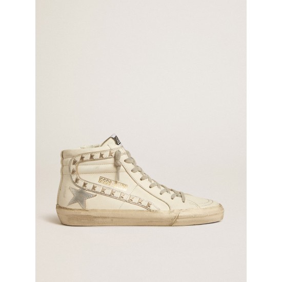 Slide with silver metallic leather star and leather flash with stars