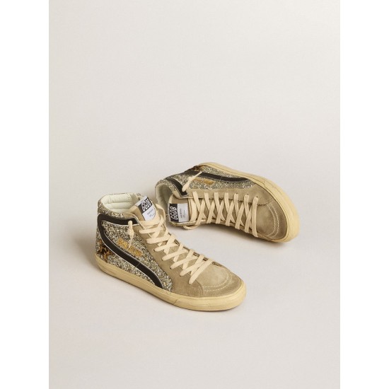 Slide in platinum glitter with leopard-print pony skin star and black flash