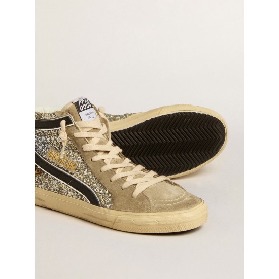 Slide in platinum glitter with leopard-print pony skin star and black flash