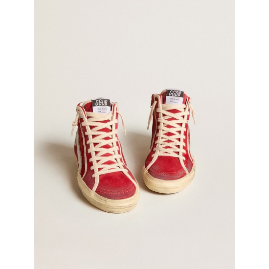 Slide in red suede with silver star and lizard print flash