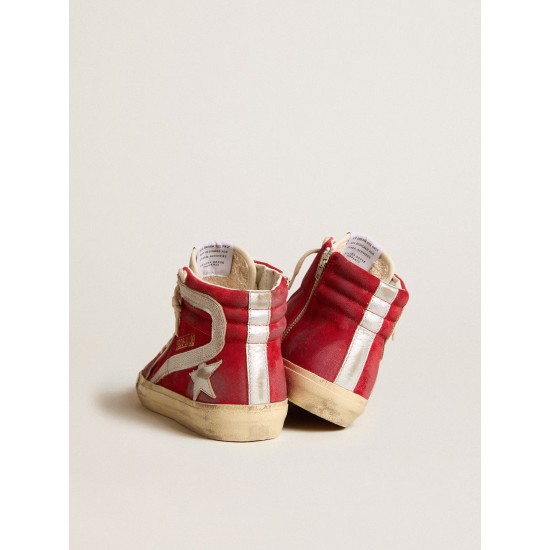 Slide in red suede with silver star and lizard print flash